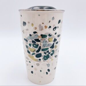 STARBUCKS 2014 Metallic Green Gold Flecks Ceramic Travel Mug Tumbler 12oz